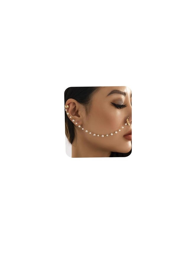 WZNBBOY Punk Pearl Tassel Beaded Nose Hoop with Chain to Ear Cuff Non Piercing Septum Ring Dangle Chain for Women - Image 1